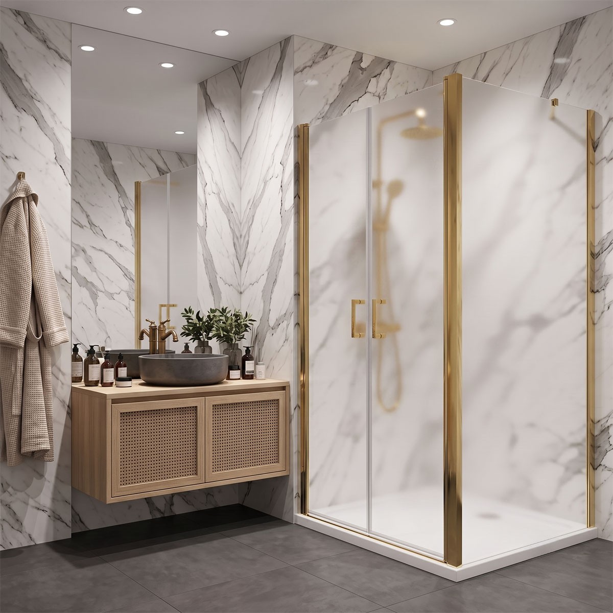 Porta saloon con lato fisso in vetro temperato opaco 6mm profili oro